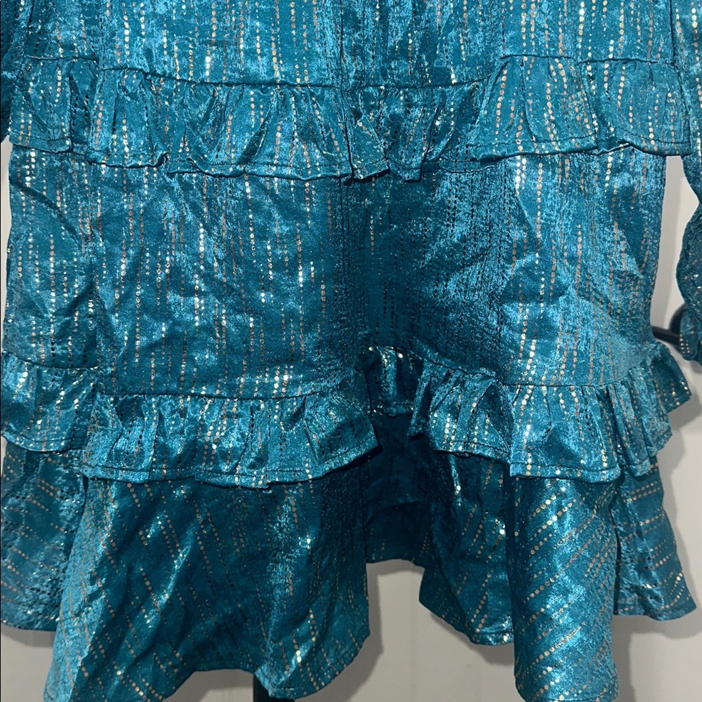 VICI Shine On Metallic Turquoise Baby Doll Smocked Top Tiered Mini Dress Size S - Picture 10 of 14